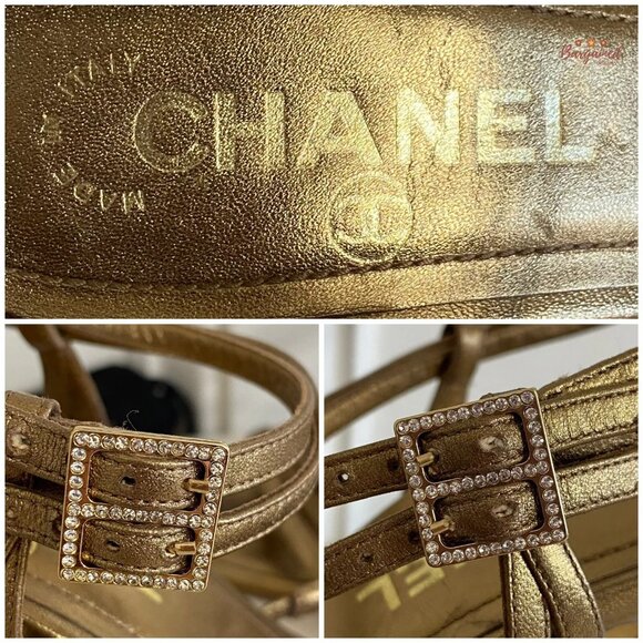Authentic CHANEL Gold Metallic Leather CC Logo Ankle Strap High Heel Pumps 36.5 - Picture 5 of 13